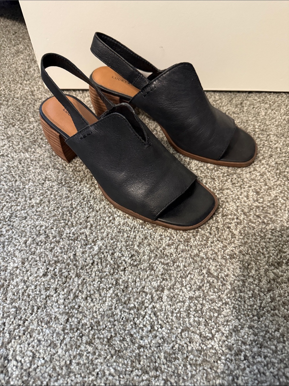 Lucky Brand Black Open-Toe Leather Slingback Block Heels